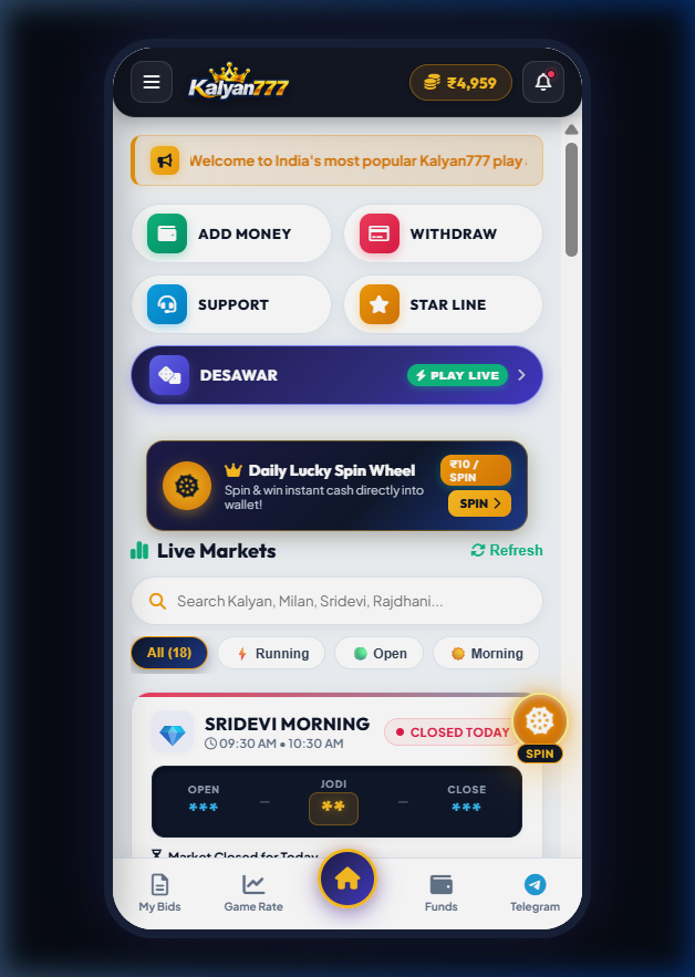 Kalyan777 Real Mobile App Home Dashboard